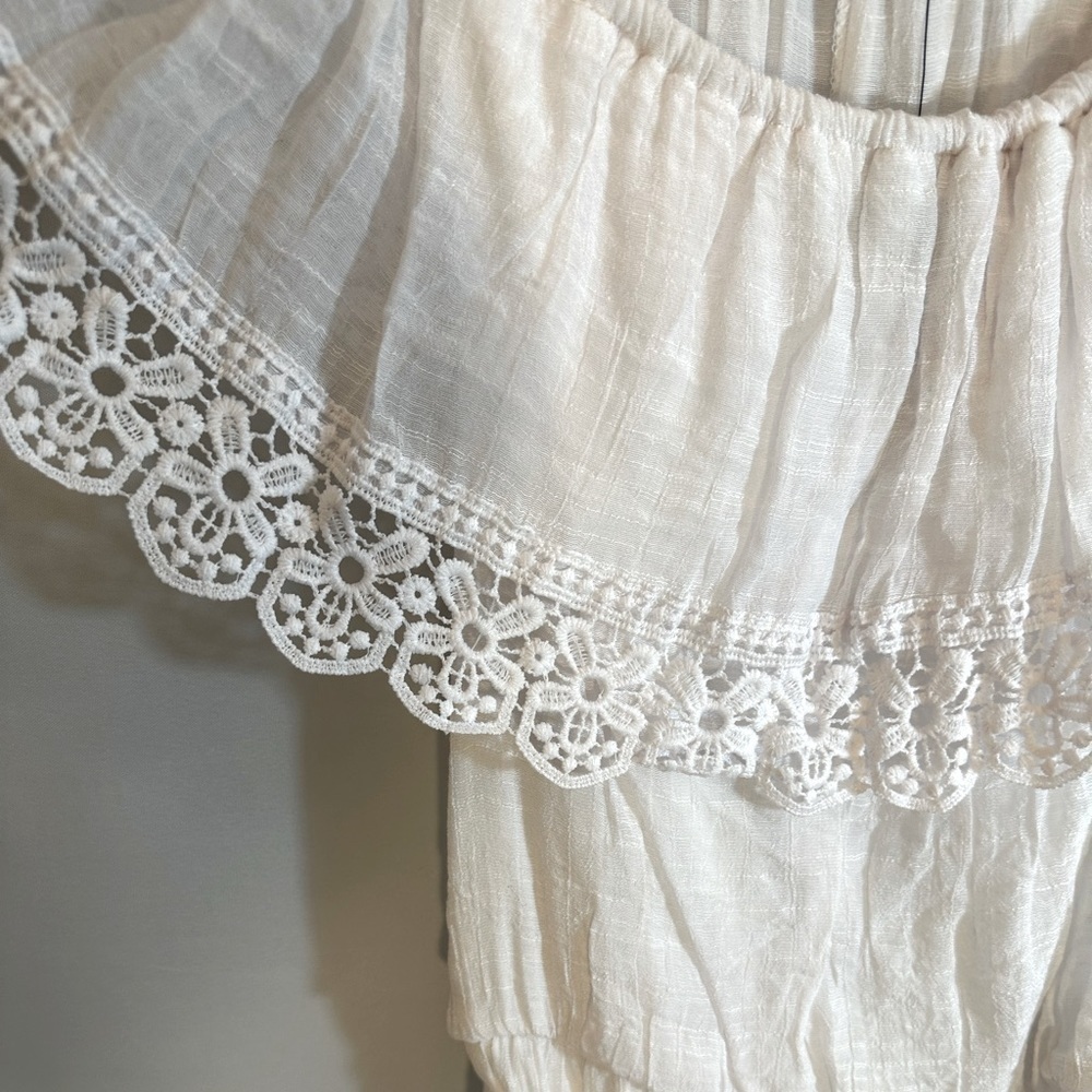 Mille Gabrielle Off The Shoulder Lace Trim Maxi White Dress Belt Lined Size L - Picture 8 of 13